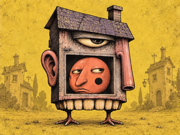 An illustrated sleepy living house with a weary terracotta resident, against warm yellow paper.