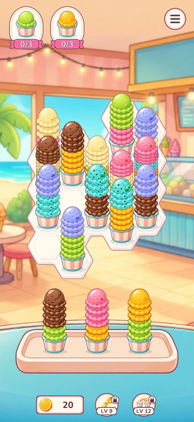 Ice Cream Sort in development: layered ice cream cups on a hexagonal puzzle board.