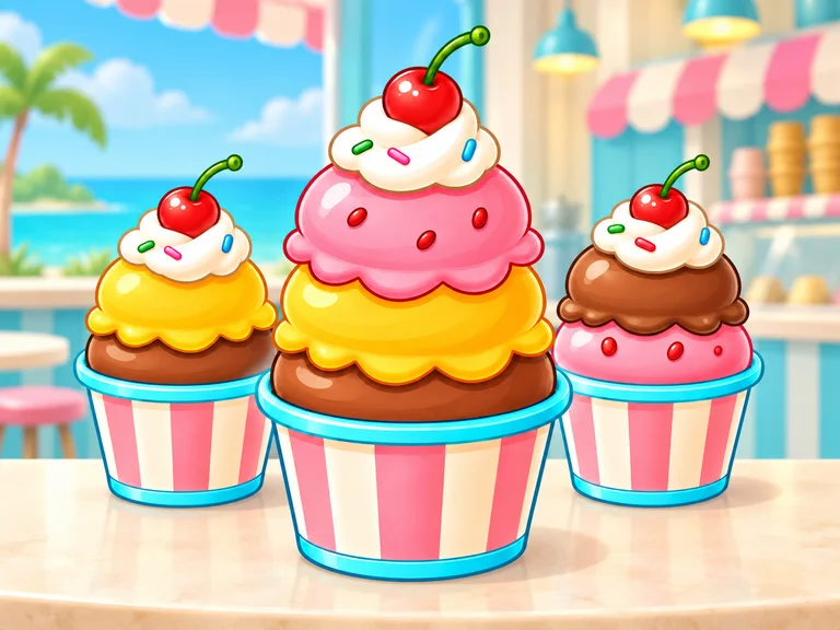 Three colorful striped ice cream cups in a sunny seaside parlor.
