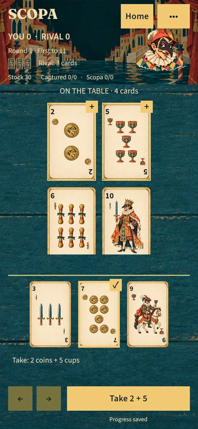 Scopa Carnevale in development: an Italian card match on a theatrical Venetian table.