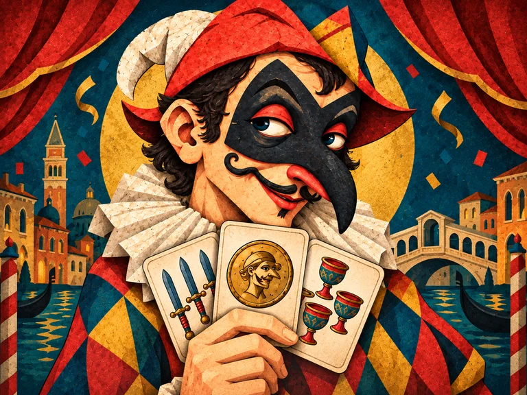 A masked Venetian carnival character holding traditional Italian playing cards, illustrated in textured paper.