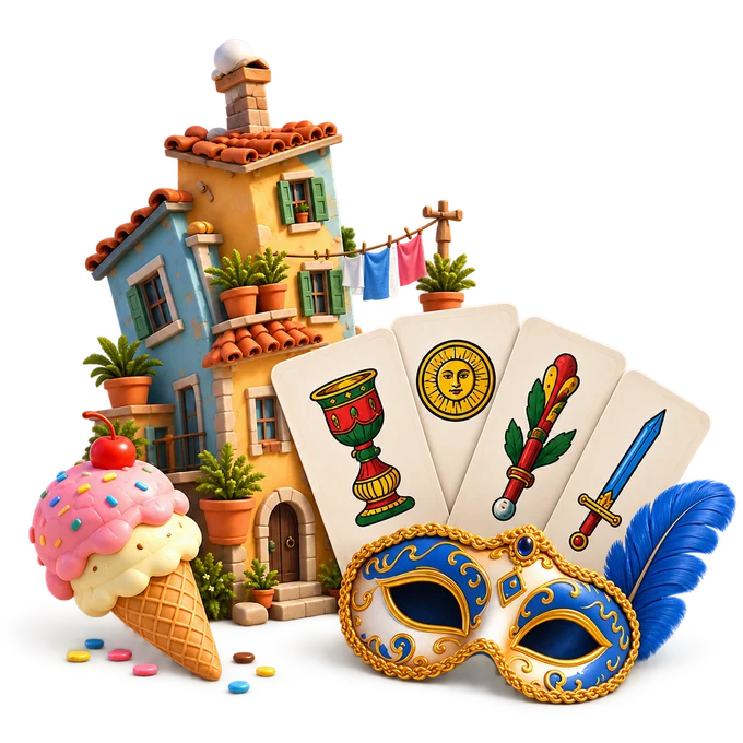 A playful collection of our worlds: a crooked townhouse, an ice cream cone, Italian cards, and a blue carnival mask.